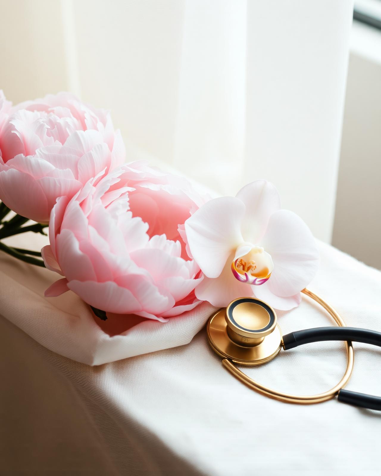 Soft blush peonies and a gold stethoscope on cream linen